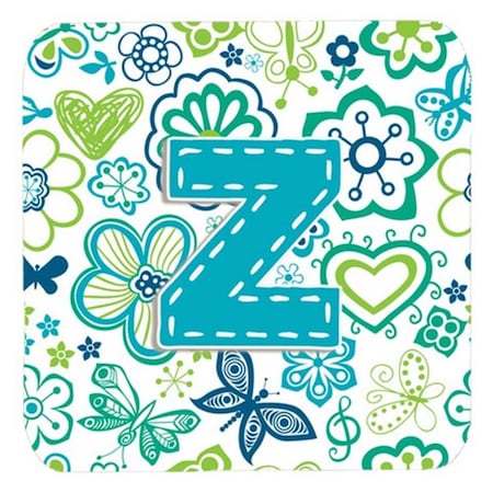 Letter Z Flowers And Butterflies Teal Blue Foam Coasters- Set Of 4